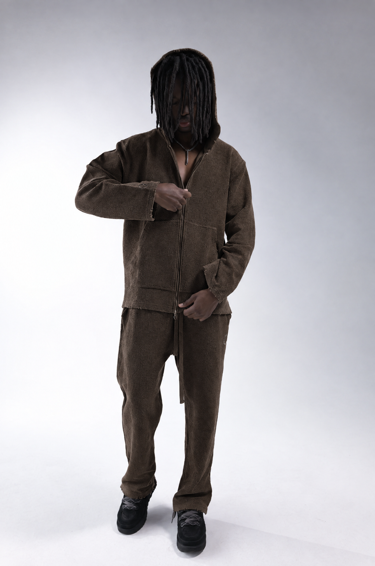 Sanur Jacket and Ubud Joggers in Marron, worn as a set